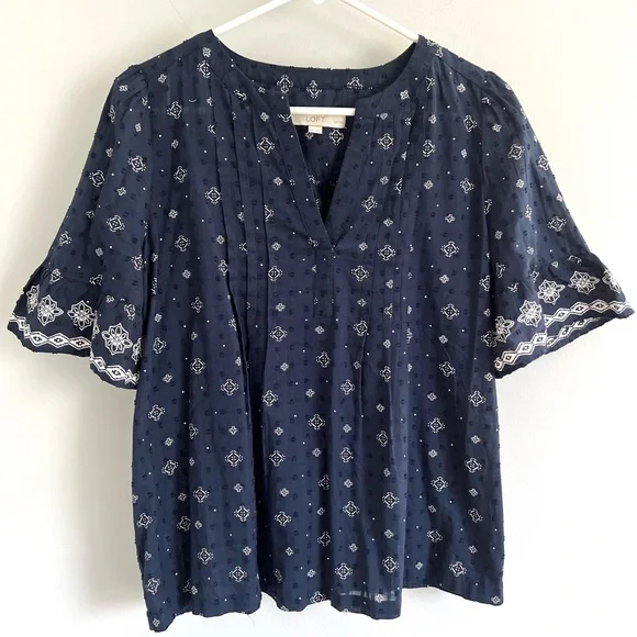 LOFT Women’s Geo Pleated Flounce Cuff Top-Size Medium Petite - Picture 6 of 8